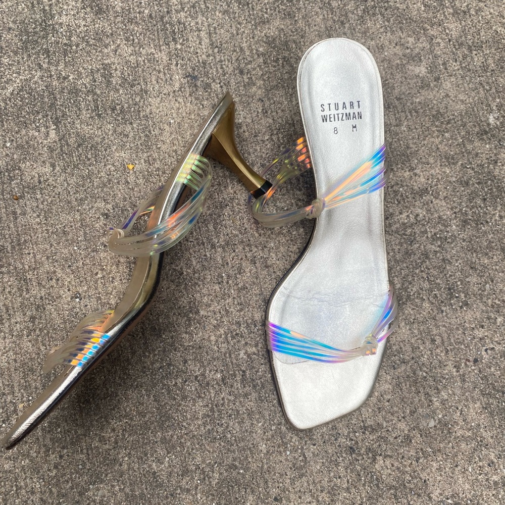 Y2K Stuart Weitzman iridescent silver metallic rubber strap heel sandals naked